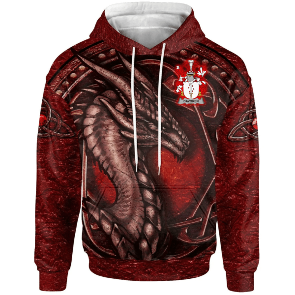 Ireland Hoodie - Davoren or O'Davoren Irish Family Crest Hoodie - Celtic Red Dragon