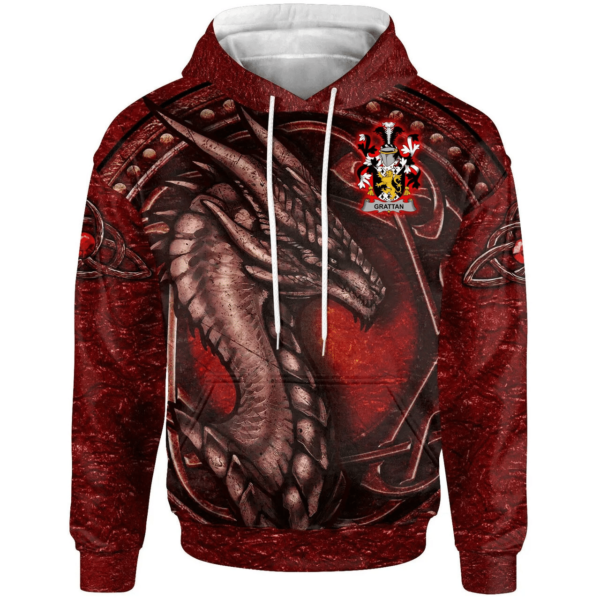 Ireland Hoodie - Grattan or McGrattan Irish Family Crest Hoodie - Celtic Red Dragon