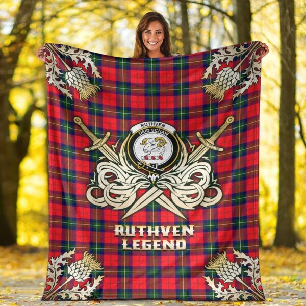 Ruthven Modern Clan Blanket, Scottish Tartan Ruthven Modern Clans Premium Blanket Gold Crest Style - Image 2