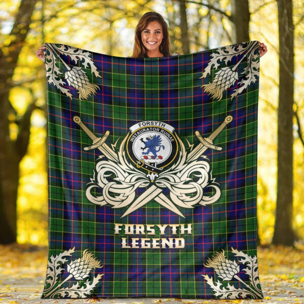 Forsyth Modern Clan Blanket, Scottish Tartan Forsyth Modern Clans Premium Blanket Gold Crest Style - Image 2