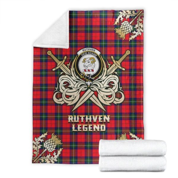 Ruthven Modern Clan Blanket, Scottish Tartan Ruthven Modern Clans Premium Blanket Gold Crest Style