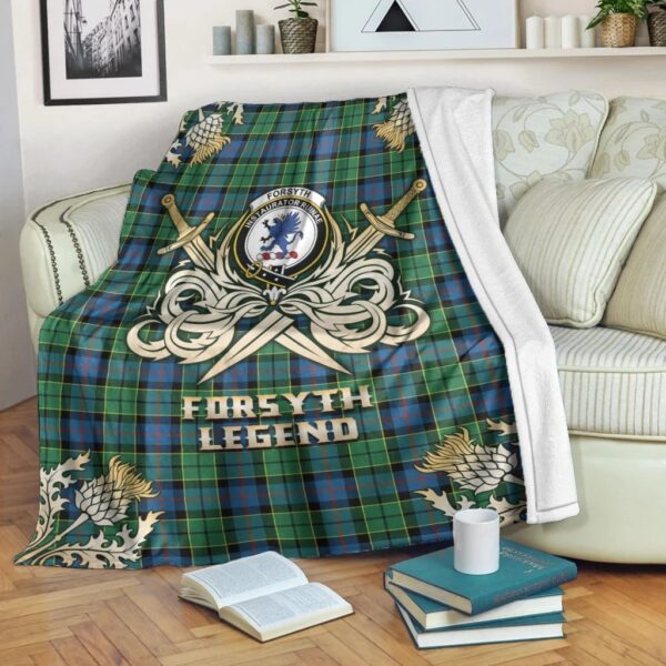 Forsyth Ancient Clan Blanket, Scottish Tartan Forsyth Ancient Clans Premium Blanket Gold Crest Style - Image 3