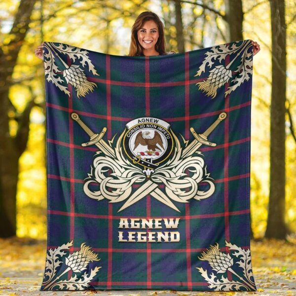 Agnew Modern Clan Blanket, Scottish Tartan Agnew Modern Clans Premium Blanket Gold Crest Style - Image 2