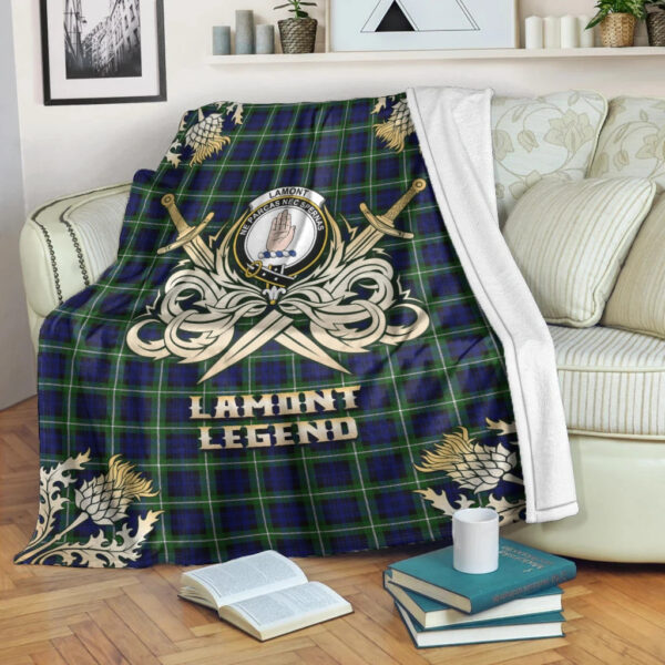 Lamont Modern Clan Blanket, Scottish Tartan Lamont Modern Clans Premium Blanket Gold Crest Style - Image 3