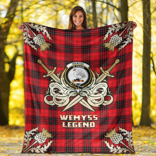 Wemyss Modern Clan Blanket, Scottish Tartan Wemyss Modern Clans Premium Blanket Gold Crest Style - Image 2