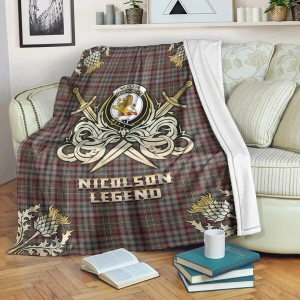 Nicolson Hunting Weathered Clan Blanket, Scottish Tartan Nicolson Hunting Weathered Clans Premium Blanket Gold Crest Style - Image 3