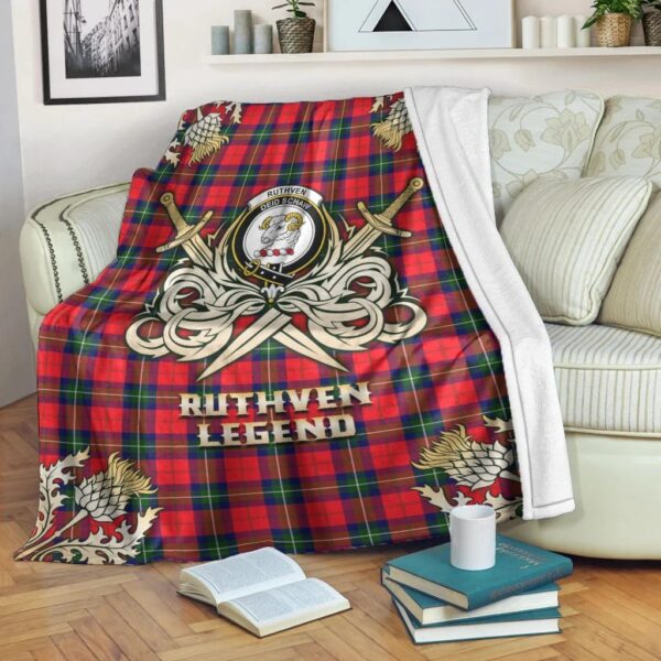 Ruthven Modern Clan Blanket, Scottish Tartan Ruthven Modern Clans Premium Blanket Gold Crest Style - Image 3