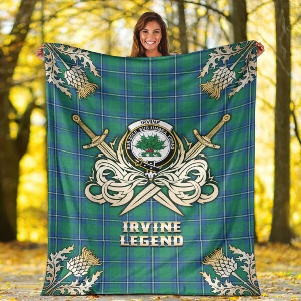 Irvine Ancient Clan Blanket, Scottish Tartan Irvine Ancient Clans Premium Blanket Gold Crest Style - Image 2