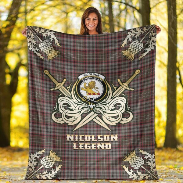 Nicolson Hunting Weathered Clan Blanket, Scottish Tartan Nicolson Hunting Weathered Clans Premium Blanket Gold Crest Style - Image 2