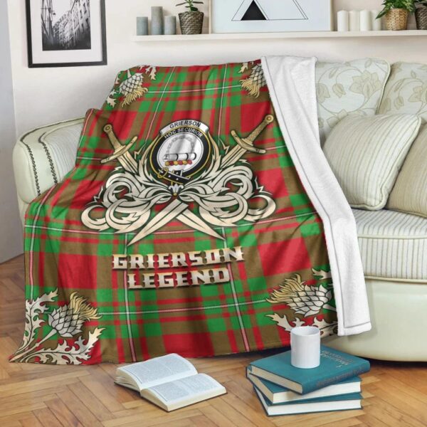 Grierson Clan Blanket, Scottish Tartan Grierson Clans Premium Blanket Gold Crest Style - Image 3