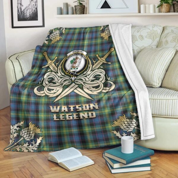 Watson Ancient Clan Blanket, Scottish Tartan Watson Ancient Clans Premium Blanket Gold Crest Style - Image 3