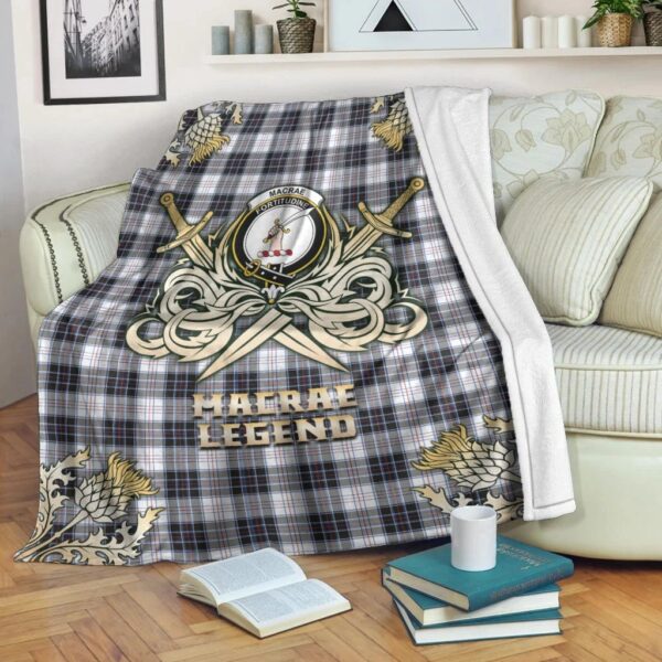 MacRae Dress Modern Clan Blanket, Scottish Tartan MacRae Dress Modern Clans Premium Blanket Gold Crest Style - Image 3