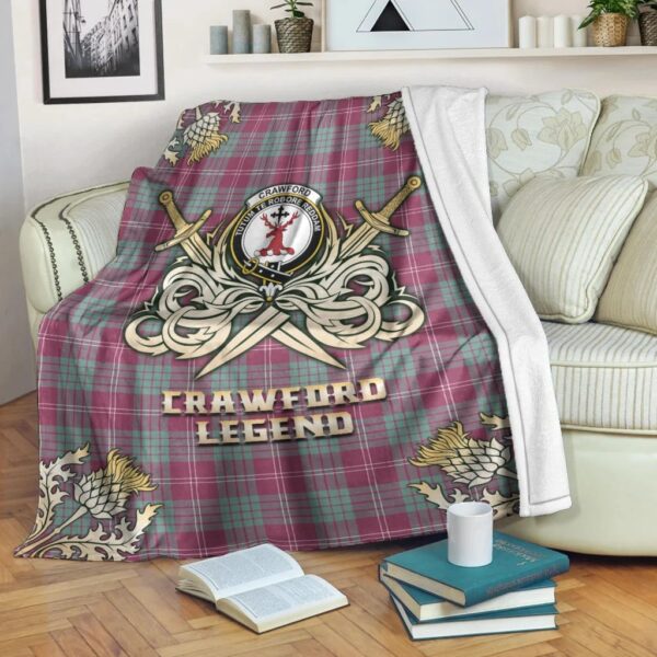 Crawford Ancient Clan Blanket, Scottish Tartan Crawford Ancient Clans Premium Blanket Gold Crest Style - Image 3