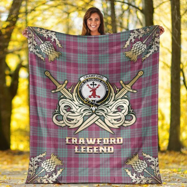 Crawford Ancient Clan Blanket, Scottish Tartan Crawford Ancient Clans Premium Blanket Gold Crest Style - Image 2