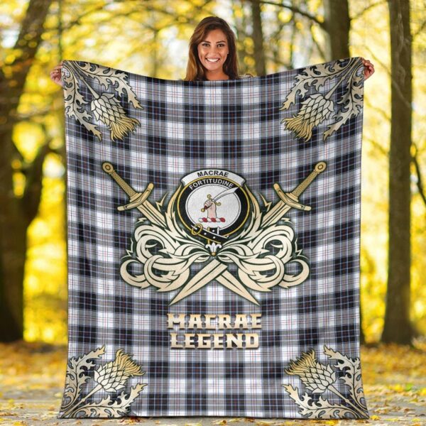 MacRae Dress Modern Clan Blanket, Scottish Tartan MacRae Dress Modern Clans Premium Blanket Gold Crest Style - Image 2