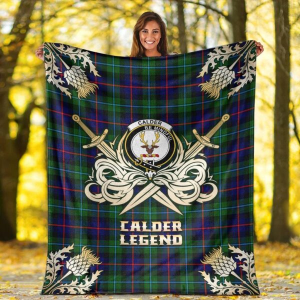 Calder Modern Clan Blanket, Scottish Tartan Calder Modern Clans Premium Blanket Gold Crest Style - Image 2