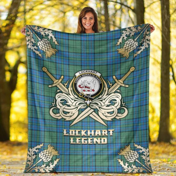 Lockhart Clan Blanket, Scottish Tartan Lockhart Clans Premium Blanket Gold Crest Style - Image 2