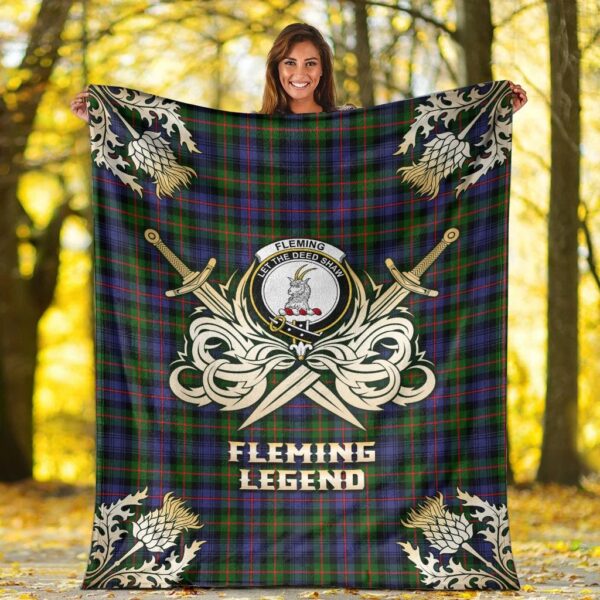 Fleming Clan Blanket, Scottish Tartan Fleming Clans Premium Blanket Gold Crest Style - Image 2