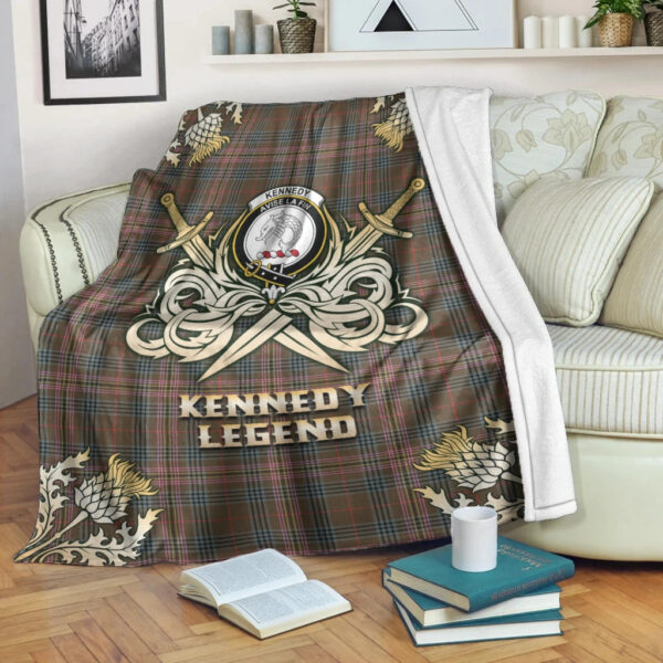 Kennedy Weathered Clan Blanket, Scottish Tartan Kennedy Weathered Clans Premium Blanket Gold Crest Style - Image 3