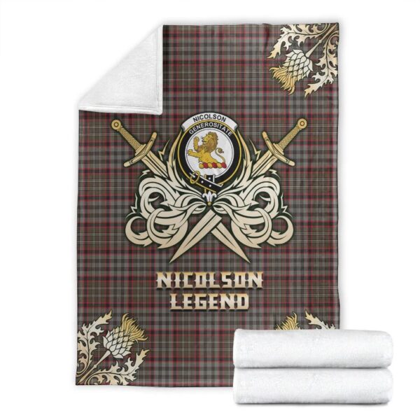 Nicolson Hunting Weathered Clan Blanket, Scottish Tartan Nicolson Hunting Weathered Clans Premium Blanket Gold Crest Style