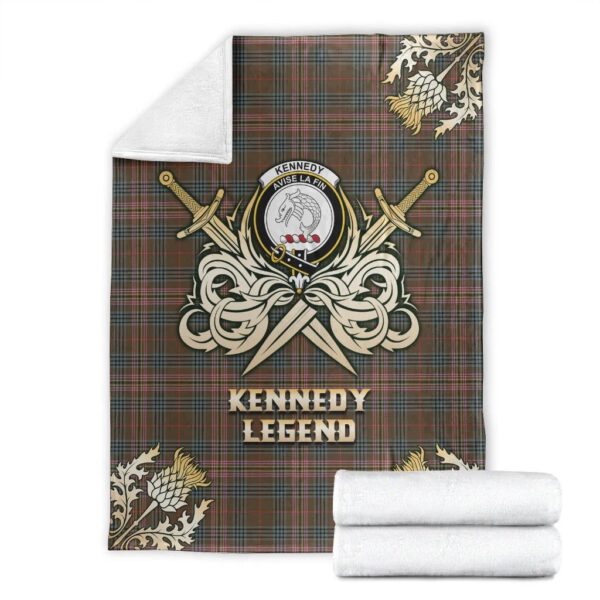 Kennedy Weathered Clan Blanket, Scottish Tartan Kennedy Weathered Clans Premium Blanket Gold Crest Style