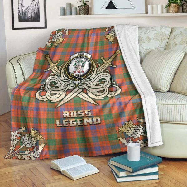 Ross Ancient Clan Blanket, Scottish Tartan Ross Ancient Clans Premium Blanket Gold Crest Style - Image 3