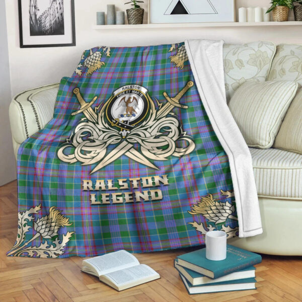 Ralston Clan Blanket, Scottish Tartan Ralston Clans Premium Blanket Gold Crest Style - Image 3