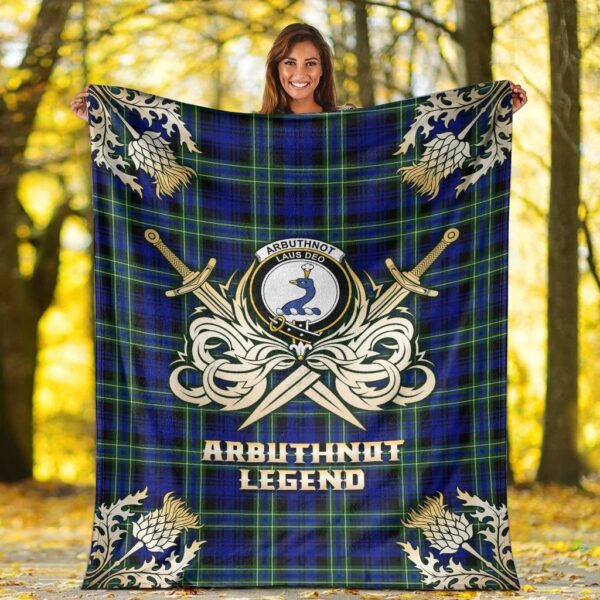 Arbuthnot Modern Clan Blanket, Scottish Tartan Arbuthnot Modern Clans Premium Blanket Gold Crest Style - Image 2