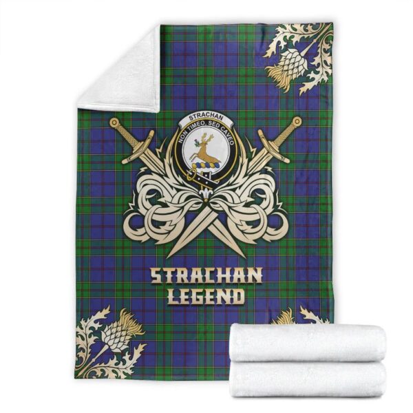 Strachan Clan Blanket, Scottish Tartan Strachan Clans Premium Blanket Gold Crest Style