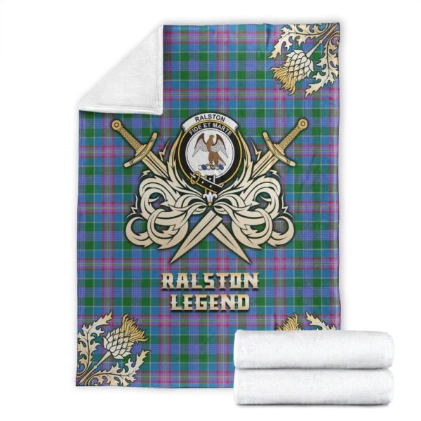 Ralston Clan Blanket, Scottish Tartan Ralston Clans Premium Blanket Gold Crest Style