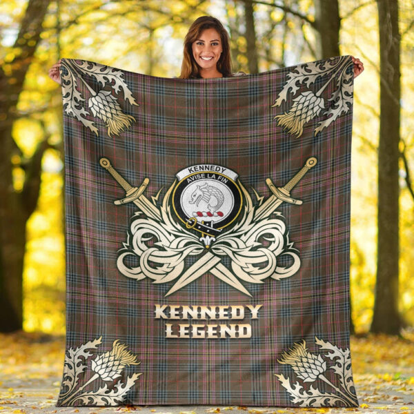 Kennedy Weathered Clan Blanket, Scottish Tartan Kennedy Weathered Clans Premium Blanket Gold Crest Style - Image 2