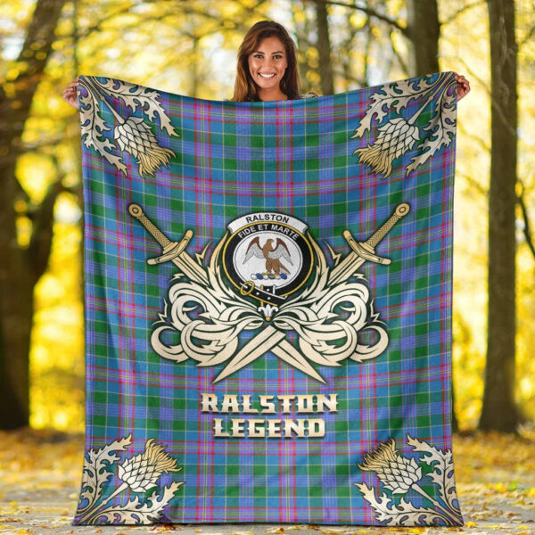 Ralston Clan Blanket, Scottish Tartan Ralston Clans Premium Blanket Gold Crest Style - Image 2