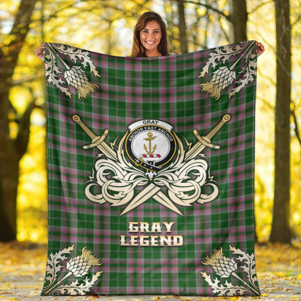 Gray Hunting Clan Blanket, Scottish Tartan Gray Hunting Clans Premium Blanket Gold Crest Style - Image 2