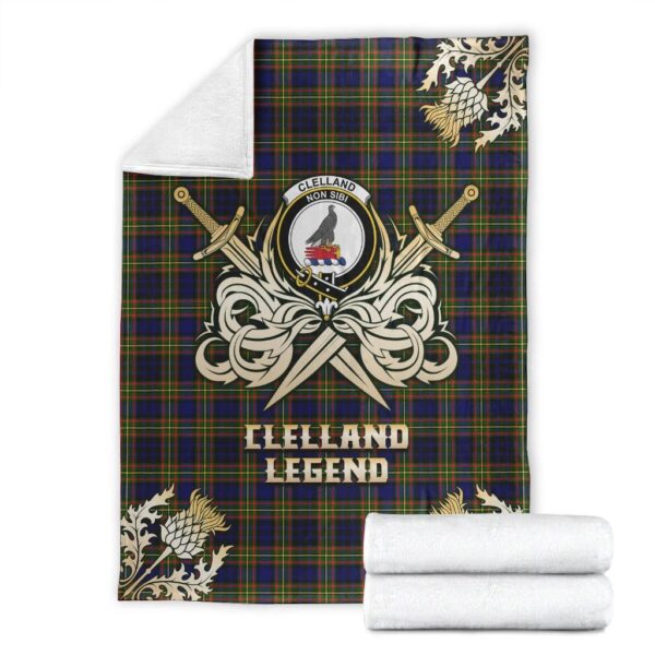 Clelland Modern Clan Blanket, Scottish Tartan Clelland Modern Clans Premium Blanket Gold Crest Style