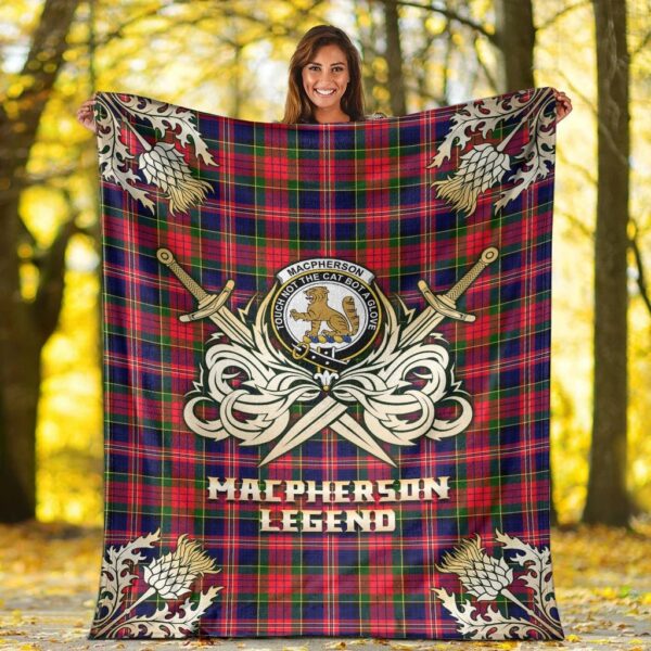 MacPherson Modern Clan Blanket, Scottish Tartan MacPherson Modern Clans Premium Blanket Gold Crest Style - Image 2