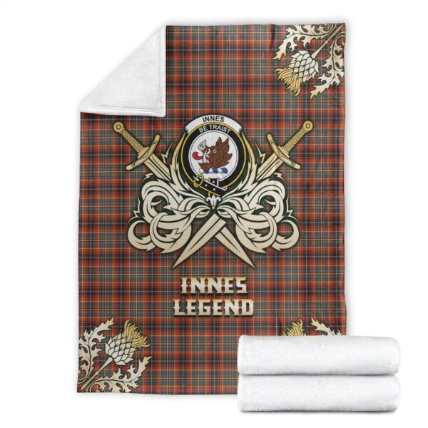 Innes Ancient Clan Blanket, Scottish Tartan Innes Ancient Clans Premium Blanket Gold Crest Style