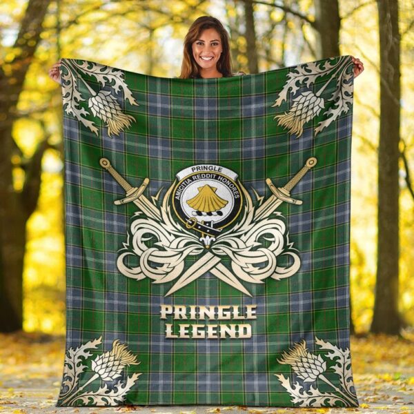 Pringle Clan Blanket, Scottish Tartan Pringle Clans Premium Blanket Gold Crest Style - Image 2