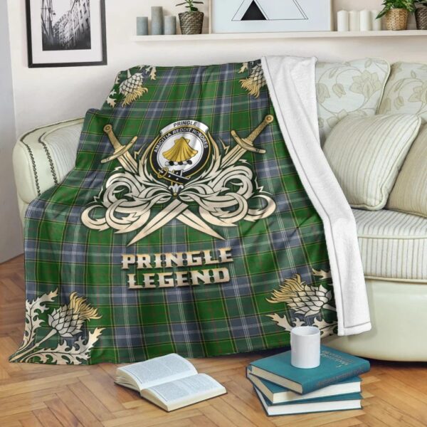 Pringle Clan Blanket, Scottish Tartan Pringle Clans Premium Blanket Gold Crest Style - Image 3