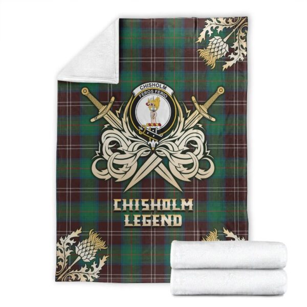 Chisholm Hunting Ancient Clan Blanket, Scottish Tartan Chisholm Hunting Ancient Clans Premium Blanket Gold Crest Style