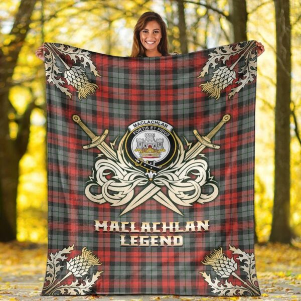 MacLachlan Weathered Clan Blanket, Scottish Tartan MacLachlan Weathered Clans Premium Blanket Gold Crest Style - Image 2