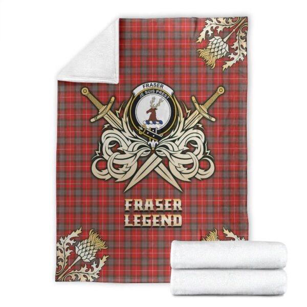 Fraser Weathered Clan Blanket, Scottish Tartan Fraser Weathered Clans Premium Blanket Gold Crest Style