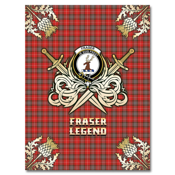 Fraser Weathered Clan Blanket, Scottish Tartan Fraser Weathered Clans Premium Blanket Gold Crest Style - Image 4