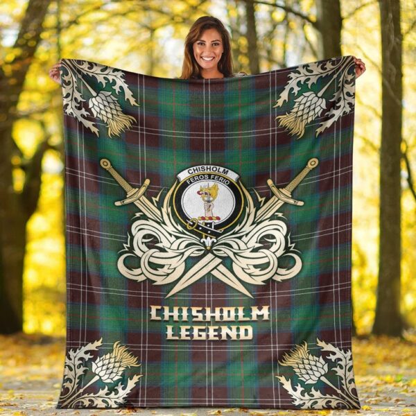 Chisholm Hunting Ancient Clan Blanket, Scottish Tartan Chisholm Hunting Ancient Clans Premium Blanket Gold Crest Style - Image 2