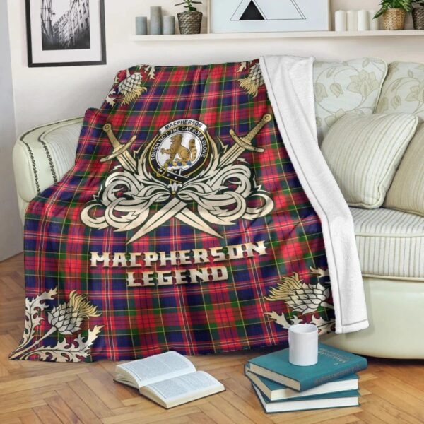 MacPherson Modern Clan Blanket, Scottish Tartan MacPherson Modern Clans Premium Blanket Gold Crest Style - Image 3