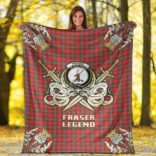 Fraser Weathered Clan Blanket, Scottish Tartan Fraser Weathered Clans Premium Blanket Gold Crest Style - Image 2