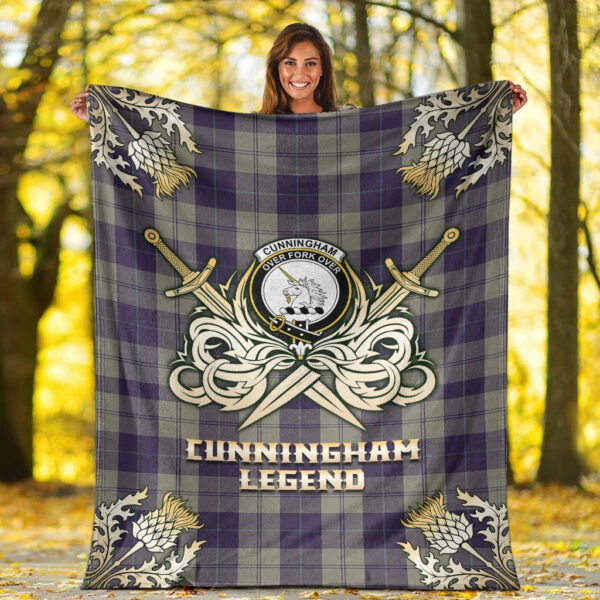 Cunningham Dress Blue Dancers Clan Blanket, Scottish Tartan Cunningham Dress Blue Dancers Clans Premium Blanket Gold Crest Style - Image 2