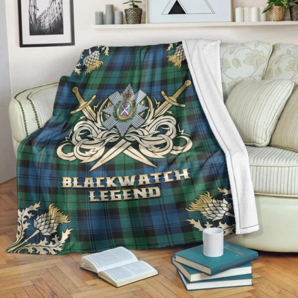 Blackwatch Ancient Clan Blanket, Scottish Tartan Blackwatch Ancient Clans Premium Blanket Gold Crest Style - Image 3