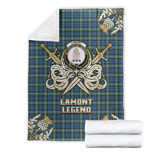 Lamont Ancient Clan Blanket, Scottish Tartan Lamont Ancient Clans Premium Blanket Gold Crest Style