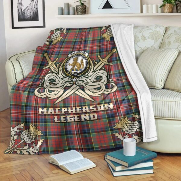 MacPherson Ancient Clan Blanket, Scottish Tartan MacPherson Ancient Clans Premium Blanket Gold Crest Style - Image 3