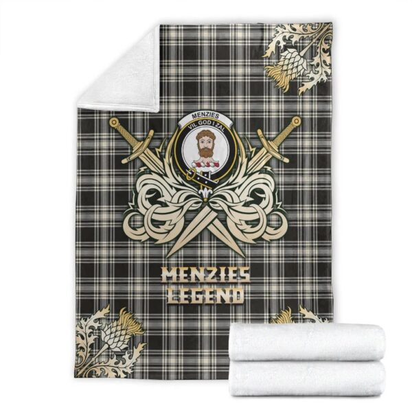 Menzies Black & White Ancient Clan Blanket, Scottish Tartan Menzies Black & White Ancient Clans Premium Blanket Gold Crest Style